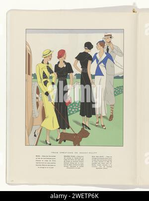 Art - goût - Beauté, feuilles d'élégance féminine, juin 1932, n° 142, 12e année, p. 18, H. rouit, 1932 magazine quatre femmes à un hippodrome. Modèles de Maggy Rouff. Droite un homme dans un blazer gris sur un «plus quatre» (pantalon bouffant) et des chaussettes avec motif Argyle. Chapeau fendu sur la tête et tuyau à la main. Page du magazine de mode Art-Goût-Beauté (1920-1933). assiettes de mode en papier. robe, robe : robe de jour (+ vêtements pour femmes). casque : chapeau (+ vêtements pour femmes). ceinture, ceinture, ceinture (+ vêtements pour femmes). promener le chien. piste de course. automobile. clôture, mur, paillage. Sac (SAC À MAIN) (+ vêtements pour femmes). stock Banque D'Images