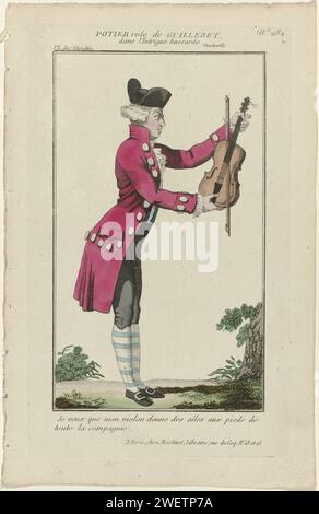 Petite galerie dramatique, 1796-1843, n° 282 : Potier rôle de Guilleret (...), 1796 - 1843 Costume de l'acteur Potier dans le rôle de Guilleret dans la farce 'l'intrigue Hussarde', mise en scène dans le 'Théâtre des variétés'. Frak, gilet et pantalon de genou. Jabot et poignets ridés. Bas rayés. Chapeau. Chaussures avec boucles carrées. Siol dans les mains. Tirage tiré du magazine petite Galerie dramatique ou Recueil de différents costumes d'acteurs des Théâtres de la capitale (1796-1843). acteur de gravure de papier (sur scène). assiettes mode. Vêtements pour la partie supérieure du corps (GILET) (+ vêtements pour hommes). Couche (F Banque D'Images