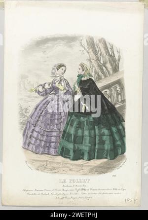 Une explosion de magazines de mode, 1857 deux femmes dans un paysage. Sous la performance quelques lignes de texte publicitaire pour différents produits. Tirage du magazine de mode le Follet courrier des Salons (novembre 1829-octobre 1882). plaques de mode gravées en papier. gants, mitaines, etc (+ vêtements pour femmes). fan (+ vêtements pour femmes). casque : chapeau (+ vêtements pour femmes).. parties ornementales des vêtements (+ vêtements pour femmes). dentelle (+ vêtements pour femmes). fleurs Banque D'Images