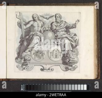 Armoiries de la famille Barbarigo et de la Trinité, Robert van Audenaerd, 1673 - 1743 print Pedest sous forme de cartouche. Puis un médaillon avec sur le devant l'arme de la famille Barbarigo, avec deux armes ailées. Au-dessus de l'arme une couronne, un casque et la devise : Victoria Nomen. Un bâtiment d'église à l'arrière. La Trinité autour du piédestal. L'impression fait partie d'un album. médaille de gravure sur papier (considérée comme une sculpture, quelle que soit sa fonction spécifique). roulement armorial, héraldique. Représentations de la Trinité Banque D'Images