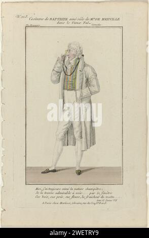 Petite galerie dramatique, 1796-1843, n° 228 : Costume baptiste (...), 1796 - 1843 Costume de l'acteur Baptiste Ainé dans le rôle de MR de Merville dans la comédie 'le Vieux Fal', mise en scène dans le 'Théâtre Français' (?) À Paris. Avec trois lignes de texte du deuxième acte, scène sept. Veste rayée, gilet rayé et pantalon genou. Jabot ridé. Bas. Lorgnet sur cordon. Chaussures plates avec boucles carrées. Tirage tiré du magazine petite Galerie dramatique ou Recueil de différents costumes d'acteurs des Théâtres de la capitale (1796-1843). plaques de mode gravées en papier. manteau (+ vêtements pour hommes). pantalon Banque D'Images