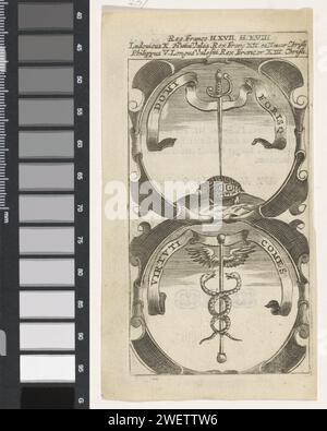 Tortue à l'épée sur le dos / caduceus, anonyme, d'après Aegidius Sadeler (II), 1666 imprimer un emblème avec deux représentations. Au-dessus d'une épée debout avec sa pointe sur le dos d'une tortue. Sous un caducée. Ce sont les avançons de Louis X et Philippe V de France. Gravure sur papier / impression typographique caduceus (personnel avec deux serpents, attribut de Mercure). tortues, tortues. hacking et propulser des armes : épée Banque D'Images