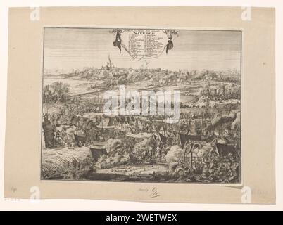 Siège et conquête de Naarden, 1673, Jacobus Harrewijn, 1684 imprimer Siège et conquête de Naarden par le prince d'Orange, 12 septembre 1673. Au premier plan scènes de la vie de soldat dans le camp de l'armée. Au loin le siège et la prise de la ville. En haut un tissu suspendu avec titre et légende 1-20. gravure sur papier / gravure siège, position guerre. prise de ville (après le siège). Camp (militaire) avec tentes Naarden Banque D'Images