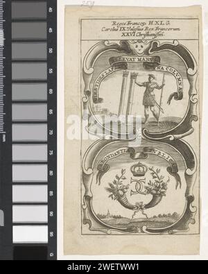 Guerrier romain supporte deux colonnes / monogramme couronné CC avec deux Cornucopia, Anonyme, d'après Aegidius Sadeler (II), 1666 imprimer un emblème avec deux représentations. Au-dessus d'un paysage avec deux colonnes couronnées qui sont soutenues par une personne d'une main. Sous un monogramme couronné CC avec une corne d'abondance à gauche et à droite. Ce sont les avançons du roi Charles IX de France. gravure sur papier / colonne d'impression typographique, pilier  architecture. 'Cornucopia', Corne de l'abondance. combinaisons de lettres telles que letterword, anagramme, carré de lettre, monogramme, etc Banque D'Images