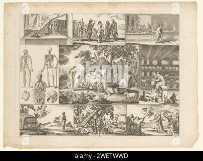 Adam et Eva au Paradis, entourés de diverses performances, Johann David Schleuen (I), d'après Daniel Nikolaus Chodowiecki, 1784 impriment diverses performances contenues dans des cadres, avec Central Adam et Eva au Paradis, flanqués d'images de gauche de l'anatomie humaine et d'un potier à droite. Au-dessus et au-dessous d'autres images, y compris un peu de nature mythologique. Numéroté au milieu : 2. Gravure sur papier / gravure tentation et chute : Adam et Ève au paradis (après la chute) (Genèse 3:8-21). physiologie et anatomie. potier, céramiste Banque D'Images
