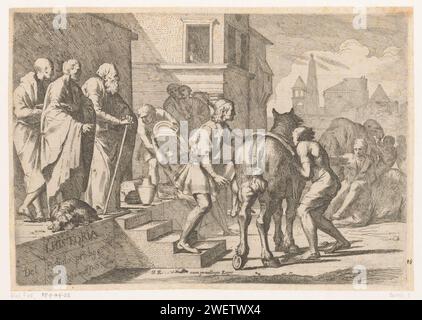 Départ du fils perdu, Pietro Testa, c. 1621 - 1650 imprimer le fils perdu marche sur son cheval et quitte sa maison parentale. A gauche trois hommes et trois personnages au dos du fond avec deux dromadaires. prise de congé pour gravure sur papier et départ du fils prodigue. animaux à ongulés : dromadaire. cheval Banque D'Images