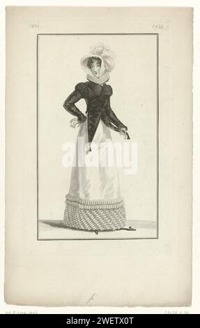 Journal des dames et de la mode, costume parisien, 25 novembre 1820, (1944), 1820 Femme avec un chapeau de 'peluche de soie bouclée' sur la tête décorée avec des fournitures marabo. Elle porte un spencer avec transfert, se terminant en deux points avec des pinceaux. Ci-dessous une robe de coton batist (percale) ornée de bandes plissées de mousseline. Autres accessoires : mouchoir, chaussures plates avec noeuds. Prof pression d'un tirage du magazine de mode Journal des Dames et des modes, édité par Pierre de la Mésangère, Paris, 1797-1839. plaques de mode gravées en papier. casque : chapeau (+ vêtements pour femmes). tissu Banque D'Images