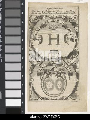 Initiale H avec quatre couronnes / double Cornucopia avec soleil et lune, Anonyme, d'après Aegidius Sadeler (II), 1666 imprimer un emblème avec deux représentations. Au-dessus d'un H initial avec quatre couronnes. En dessous de cela une double corne d'abondance avec un soleil et une lune au milieu. Ce sont les courants d'Henri II de Bourbon et de son épouse Margaretha van Valois. Gravure sur papier / impression typographique 'Cornucopia', Horn of Plenty. soleil représenté comme visage, roue, etc. la pleine lune représentée comme visage. lettres, alphabet, script. couronne (symbole de souveraineté) Banque D'Images