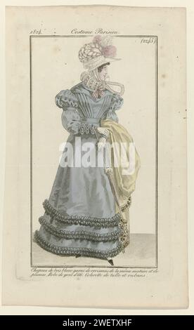 Journal des dames et de la mode, costume parisien, 25 juin 1824, (2245) : chapeau en bois blanc (...), 1824 Femme debout dans une robe de 'gros d'été' avec un col de tulle et de rubans. Sur la tête un chapeau de 'Bois blancl' orné de croissant de la même matière et de plumes. Autres accessoires : écharpe, gants, parapluie, chaussures. Le tirage fait partie du magazine de mode Journal des Dames et des modes, édité par Pierre de la Mésangère, Paris, 1797-1839. plaques de mode gravées en papier. robe, robe (+ vêtements pour femmes). casque : chapeau (+ vêtements pour femmes). parties ornementales des vêtements (+ femmes Banque D'Images