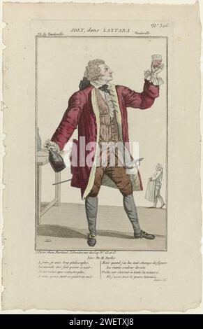 Petite galerie dramatique, 1796-1843, n° 306 : Joly, à Lantara, 1796 - 1843 Costume de l'acteur Joly dans la farce 'Lantara', mise en scène au 'Théâtre du Vaudeville' à Paris. Frak, gilet rayé et pantalon genou. Jabot et poignets ridés. Bas. Poche à cheveux (?). Le. Chaussures avec boucles carrées. Avec deux fois quatre lignes de texte de la quatrième scène. Tirage tiré du magazine petite Galerie dramatique ou Recueil de différents costumes d'acteurs des Théâtres de la capitale (1796-1843). papier gravure cou-équipement  vêtements (+ vêtements pour femmes). assiettes mode. manteau (+ vêtements pour hommes). vêtements pour le dessus Banque D'Images