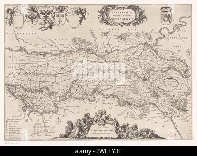 Carte du quartier de Nimègue, anonyme, 1662 impression en haut à gauche Putti avec cinq armoiries avec les armes de Tiel, Nimègue et Zaltbommel. Les manteaux de Culemborg et Buren sont vierges. À droite du cartouche de titre et en haut à droite du Wapen van Gelderland. En bas à gauche une légende, à droite d'un bol : 2 Hore Itineris / Scala de deux heures de Gaens. Sur verso texte latin. cartes de gravure sur papier de pays ou de régions distincts. Armoiries (symbole de l'État, etc.) Gelderland. Nijmegen. Culemborg. Tiel. Zaltbommel. Voisins Banque D'Images