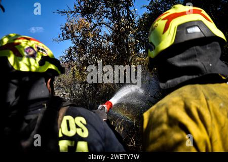 Bogota, Colombie. 25 janvier 2024. Les pompiers travaillent pour éteindre les incendies dans la partie sud de la ville lors de la quatrième journée de feux de forêt dans la ville de Bogota, en Colombie, le 25 janvier 2024. Photo : Cristian Bayona/long Visual Press crédit : long Visual Press/Alamy Live News Banque D'Images