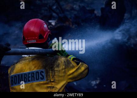 Bogota, Colombie. 25 janvier 2024. Les pompiers travaillent pour éteindre les incendies dans la partie sud de la ville lors de la quatrième journée de feux de forêt dans la ville de Bogota, en Colombie, le 25 janvier 2024. Photo : Cristian Bayona/long Visual Press crédit : long Visual Press/Alamy Live News Banque D'Images