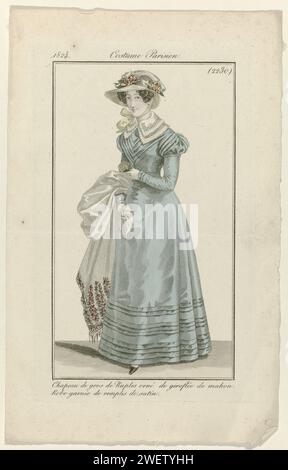 Journal des dames et de la mode, costume parisien, 20 avril 1824, (2230) : chapeau du gros de Naples (...), 1824 Femme debout avec des fleurs à la main, vêtue d'une robe garnie de satin remplis. Sur la tête un chapeau de 'gros de Naples' orné de fleurs : 'Giroflée de Mahon'. Autres accessoires : écharpe garnie de franges, mouchoir, chaussure à nez carré. Le tirage fait partie du magazine de mode Journal des Dames et des modes, édité par Pierre de la Mésangère, Paris, 1797-1839. plaques de mode gravées en papier. robe, robe (+ vêtements pour femmes). casque : chapeau (+ vêtements pour femmes). Banque D'Images