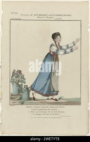 Petite galerie dramatique, 1796-1843, n° 60 : Costume de Mme Hervey (...)., 1796 - 1843 Costume de l'actrice Mme Hervey dans le rôle d'Emmeline de la farce pauvre Jacques des frères Théodore et Hippolyte Cogniard, mise en scène au Théâtre du Vaudeville. Avec quatre lignes de texte du troisième acte, scène six. plaques de mode gravées en papier. robe, robe (+ vêtements pour femmes). casque (+ vêtements pour femmes). chaussures, sandales (+ vêtements pour femmes). arrosage des plantes. tablier (+ vêtements pour femmes). actrice (sur scène) Banque D'Images