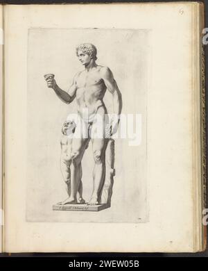 Statue de Bacchus avec un putto, 1636 - 1647 imprimer image du dieu Bacchus avec une tasse à boire dans sa main et une grappe de raisins. Il y a un putto à côté de lui. Sur le tronc de l'arbre, les armoiries de Vincenzo Giustiniani. Print fait partie d'un album avec une série d'estampes des sculptures de la collection de la Galleria Giustiniani à Rome. Gravure sur papier (histoire de) Bacchus (Dionysos), Liber. pièce de sculpture, reproduction d'une pièce de sculpture Banque D'Images
