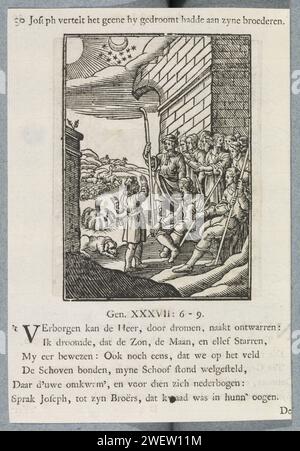 Joseph raconte ses rêves, 1740 print Joseph raconte ses rêves à son père et à ses frères. Ses deux rêves sur la cisaille à maïs et le soleil, la lune et les étoiles qui se courbent devant lui sont représentés à gauche. Un titre au-dessus du spectacle. Ci-dessous six versets et une référence à Genèse 37 : 6-9. L'impression fait partie d'un album. Typographie papier imprimant les rêves de Joseph Banque D'Images