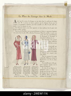 Art - goût - Beauté, feuilles d'élégance féminine, mai 1931, n° 129, 11e année, p. 32, Anonyme, magazine 1931 texte 'la place des lainages dans la mode' avec une image de trois femmes vêtues de tissus en laine de Paul Brion. De gauche à droite : manteau de voyage de Molyneux, robe sportive de Bruyère et robe d'après-midi de Premet. Page du magazine de mode Art-Goût-Beauté (1920-1933). assiettes de mode en papier. manteau (+ vêtements pour femmes). Manteau (MANTEAU DE VOYAGE) (+ vêtements pour femmes). robe, robe : robe de jour (+ vêtements pour femmes). casque : chapeau (+ vêtements pour femmes). Sac (POCHETTE) (+ femmes Banque D'Images