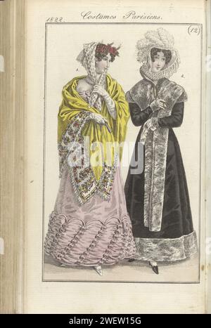 Journal des dames et de la mode, editis Francfort 17 mars 1822, costumes parisiens (12), Anonyme, 1822 le texte d'accompagnement (p. 320) mentionne : Fig. 1 : coupe de cheveux décorée de coquelicots et d'oreilles dorées. Robe en satin, ornée de 'coques de ruban' et 'bouffants de crèpe'. Petit voile sur la tête. Gants et chaussures blancs. Fig. 2 : chapeau de satin décoré de marabo et garni de 'blonde' (canette). Japon de velours, garni de chinchilla. 'Palatine-Fichu' de Chinchilla Bont. Gants blancs. Chaussures noires. L'imprimé fait partie du magazine de mode Journal des Dames et des modes, publis Banque D'Images