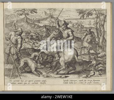 Wolvenjacht, 1580 - 1618 imprimer Paysage avec la chasse aux loups. Les chasseurs chassent à pied et à cheval avec des lances sur les loups. Ils sont aidés par des chiens de chasse. La zone est garnie d'une clôture. Sous le spectacle, un verset de quatre lignes en latin. Ce tirage fait partie d'un album. chasse à la gravure sur papier  mammifères. bêtes de proie, animaux prédateurs : loup. chiens de chasse. armes de casting : lance Banque D'Images