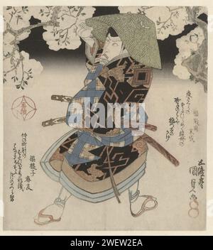 Un samouraï debout sous les cerisiers, 1827 estampe l'acteur Ichikawa Danjûrô VII (1791-1859) dans le rôle de Fuwa Banzaemon dans la pièce Soga No Shimadai, jouée en 1827 au théâtre Kawarasaki à Edo. La feuille de gauche de ce diptyque montre le rôle de Nagoya Sanza dans le rôle de Nagoya Sanza. Avec deux poèmes. portrait sur bois couleur papier de l'acteur, actrice. plantes ; végétation. tête de train Banque D'Images