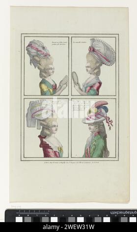 Gallerie des modes et costumes français, 1776, e 26 : bonnet au dams (...), 1776 Vier Vrouwenkapsels met Verschillende Hoofddeksels, Verdeeld in kaders. Van Linksboven naar Rechtsonder: "Bonnet au Dams, avec trois points par derrière. La nouvelle laitière. Bonnet a la poupée décorée de tigre liséres. Jeune femme en vêtements de chasse avec un chapeau galant en feutre doublé de plumes, et les cheveux noués dans la queue d'armure. ' Présente UIT série E. 5e Livre des costumes français pour le cabotage depuis 1776, Gallerie des modes et costumes français. Gravure sur papier styles de coiffure - AA -  femmes. fash Banque D'Images