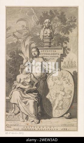 La vérité montre un écrivain la naissance de Vénus, Gilliam van der Gouwen, d'après Gérard de Lairesse, 1688 print la personnification de la vérité montre un médaillon ovale à une femme qui écrit dans un livre. Dans le médaillon une représentation de la naissance de Vénus. Derrière eux une écurie perçante avec le titre du livre. Sur le piédestal le buste de Diana van Ephese. En arrière-plan, Diana conduit dans les airs sur son wagon triomphal, suivi par Apollo. Gravure sur papier / gravure vérité ; 'VeritÃ' (Ripa). Naissance de Vénus ; Vénus Anadyomène : après la castration d'Uranus, Vénus se lève de la mer en puisant l'eau Banque D'Images