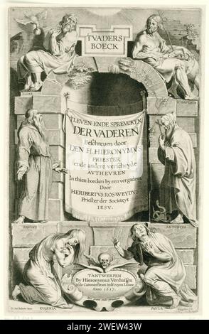 Saints hommes et femmes dans le cadre architectural, Jan Baptiste Collaert, d'après Pierre Paul Rubens, 1617 imprimer Une niche pour laquelle un tissu blanc avec le titre du livre. De part et d'autre de la niche Saint Paul et Antonius à Monnikspij. Au sommet de la niche à gauche Elia (avec un corbeau qui lui apporte du pain), à droite Jean Baptiste avec son agneau. Au milieu de Sainte Eugénie et Paula, assis dans un cartouche avec crâne ailé. Gravure sur papier Jean le Baptiste ; attributs possibles : livre, croix de roseau, coupe baptismale, nid d'abeille, agneau, personnel. Le pénitent harlot Mary Magdalene ; possible att Banque D'Images