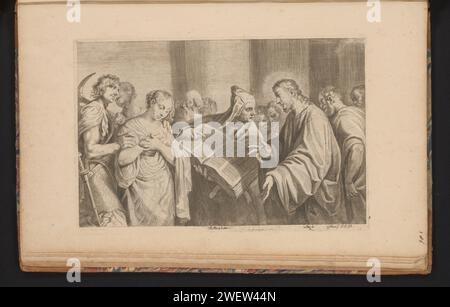 Christ et la femme adultère, 1660 print Pharisiens apportent une femme adultère attrapée à Christ pour lui demander un jugement. L'un d'eux montre à Christ un livre ouvert, l'ancienne loi. Christ lui parle. Ce tirage fait partie d'un album. Gravure de papier les Pharisiens amènent une femme accusée d'adultère devant Christ (Jean 8:2-11) Banque D'Images