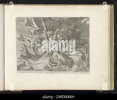 Jonas mis par-dessus bord, Antonie Wierix (II), d'après Maerten de vos, 1585 imprimer si le navire sur lequel Jonas s'est enfui menace de périr dans une tempête, Jonas est désigné comme le coupable par tirage au sort. Il est jeté par-dessus bord par l'équipage. Au premier plan, le poisson nage, que Jonas avalera. Sous le spectacle Une référence en latin au texte de la Bible dans Jonas 2. Ce tirage fait partie d'un album. Papier gravé les marins jettent à contrecœur le prophète Jonas dans la mer Banque D'Images