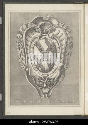 Ex libris van Sir William Stirling Maxwell, 1838 - 1878 print ex libris du collectionneur de livres Sir William Stirling Maxwell. Ses armoiries et ses mottos contenus dans un cadre ornemental. Ex libris collé sur l'emballage. Ce tirage fait partie d'un album. gravure du papier Banque D'Images