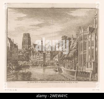 Vue de la Grote ou Sint-Laurenskerk et des Korenbeurs à Rotterdam, 1744, Hendrik Spilman, d'après Abraham de Haen (II), 1757 - 1792 imprimer vue de la Grote ou Sint-Laurenskerk et des Korenbeurs à Rotterdam, vue du pont tournant dans la situation vers 1744. gravure sur papier / gravure de l'église (extérieur). Canaux, eaux (en ville) (+ ville(-paysage) avec chiffres, personnel) Korenbeurs. Grand ou Sint-Laurenskerk Banque D'Images