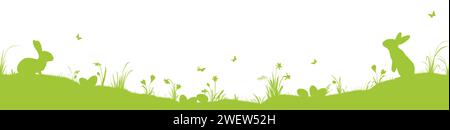 illustration panoramique vecteur eps pour le temps de pâques, fond vert frais heureux avec silhouette de lapins avec oeufs, herbe, différentes fleurs. Ressort Illustration de Vecteur