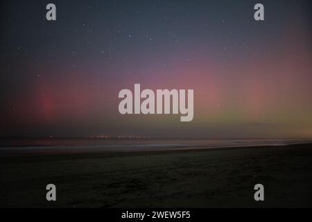 Lueur violette et verte des aurores boréales (Aurora borealis) au-dessus de la mer du Nord, vue de la côte néerlandaise en direction nord. Banque D'Images