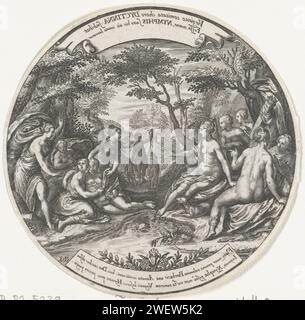 Diana découvre la grossesse de Callisto, Johann Theodor de Bry, d'après Jan Saenredam, d'après Paulus Moreelse, après 1606 - avant 1621 estampe Diana et ses nymphes reposent sur un ruisseau entre les arbres. La Callisto enceinte est montrée à Diana. Une des autres nymphes tire sa robe de côté. Diana a l'air choquée par sa servante enceinte. Au milieu en arrière-plan, une nymphe avec deux chiens court. Gravure sur papier Diana avec ses nymphes découvre la grossesse de Callisto. grossesse Banque D'Images