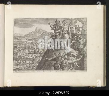 Bilam et le roi Balak, anonyme, d'après Maerten de vos, 1585 impression avec Balak, le roi de Moab, Bilam se tient sur une montagne et ils regardent au-dessus du camp de tentes des Israélites. Balak veut que Bilam maudit les gens, mais Bileam les bénit. Des autels ont été fondés sur la montagne et il y a des combattants Moabites. Sous la performance une référence en latin au texte de la Bible dans Num. 23-24. Ce tirage fait partie d'un album. Balaam grave sur papier est emmené aux hauts lieux de Baal et voit le camp israélite. Balaam prophétise et bénit les Israélites en présence du roi Balak et de son chi Banque D'Images