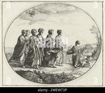 Mercurius a Heis, Venceslas Hollar, d'après Adam Empheimer, 1644 - 1652 print Mercure espionne Heerse et ses sœurs qui marchent avec des paniers de fleurs jusqu'au temple de Minerve. Heerse est à l'avant-garde avec un chien. Gravure de papier Mercure tombe amoureuse de Herse, en la voyant porter avec ses compagnons des paniers pleins de fleurs au temple Banque D'Images
