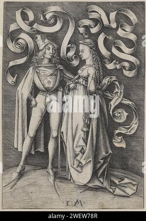 Chevalier et une dame, Israhel van Meckenem, 1490 - 1503 print Homme et femme, debout l'un à côté de l'autre, élégamment habillés selon la mode d'environ 1475-1485. L'homme porte une cape sur un Wambuis et un Huzen ; des chaussures de jeu (chaussures à toot) sur ses pieds. La dame porte un tas de clés et un salon à sa ceinture. Ce tirage fait partie d'une série de douze tirages d'un homme et d'une femme avec des scènes de la vie quotidienne, 6 à l'intérieur et 6 à l'extérieur. gravure sur papier noblesse et patriciat ; chevalerie, chevalerie. vêtements, costume (+ vêtements pour hommes). vêtements, costume (+ vêtements pour femmes). cape (+ vêtements pour hommes) Banque D'Images