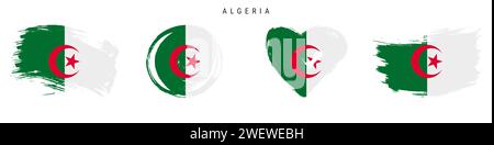 Algérie jeu d'icônes de drapeau de style grunge dessiné à la main. Bannière algérienne aux couleurs officielles. Forme de trait de pinceau libre, cercle et en forme de coeur. Vecteur plat illus Illustration de Vecteur