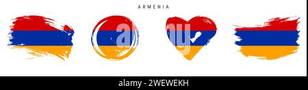 Armenia main dessinée icône de drapeau de style grunge ensemble. Bannière arménienne aux couleurs officielles. Forme de trait de pinceau libre, cercle et en forme de coeur. Vecteur plat illus Illustration de Vecteur