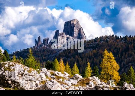 Mélèzes et pins colorés sur les pentes de la formation rocheuse Cinque Torri, vue depuis le col de Falzarego en automne. Banque D'Images