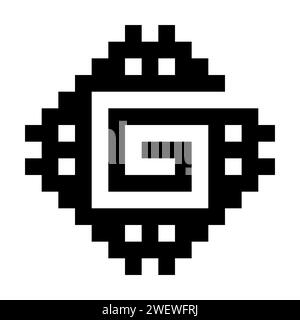 Motif spirale à gradins Inca. Symbole de fret en escalier. Carrés formant une forme de losange, avec une spirale angulaire au centre. Illustration en noir et blanc. Banque D'Images