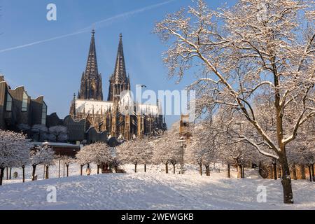 Vue du Rhinegarten à la cathédrale et le Musée Ludwig, neige, hiver, Cologne, Allemagne. Blick vom Rheingarten zum Dom und zum Museum Ludwig, Banque D'Images