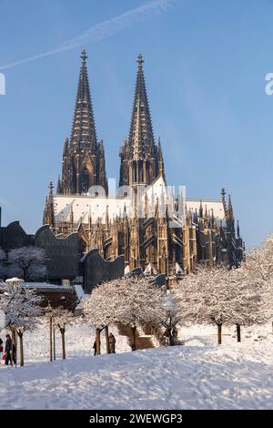 Vue du Rhinegarten à la cathédrale et le Musée Ludwig, neige, hiver, Cologne, Allemagne. Blick vom Rheingarten zum Dom und zum Museum Ludwig, Banque D'Images