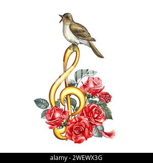 Une clef triple dorée décorée d'un nightingale et de roses. L'illustration de l'aquarelle est dessinée à la main. Mettez-le en surbrillance. Pour logos, badges, autocollants et Banque D'Images