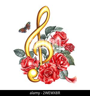 Une clef triple dorée décorée de roses rouges. L'illustration de l'aquarelle est dessinée à la main. Mettez-le en surbrillance. Pour logos, badges, autocollants et impressions. Pour po Banque D'Images