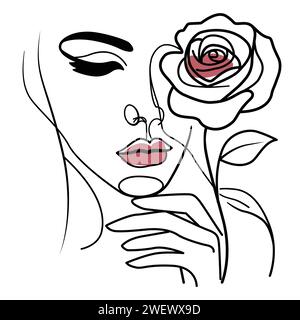 dessin délicat au trait du visage d'une fille avec une rose. dans un style de ligne noire, rose, vecteur Illustration de Vecteur