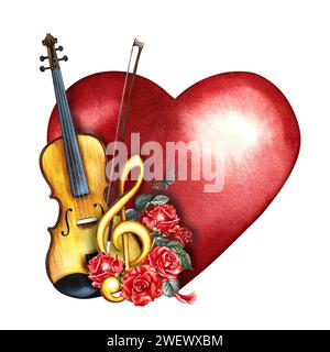 Un violon décoré de roses rouges et d'une clef triple dorée sur un coeur rouge. L'illustration de l'aquarelle est dessinée à la main. Pour affiches, flyers et invitati Banque D'Images