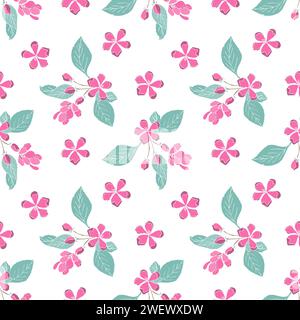 Motif répété avec des fleurs roses stylisées sacura et des feuilles vertes, illustrant un motif floral sans couture sur le thème du printemps idéal pour les textiles ou le mur Illustration de Vecteur