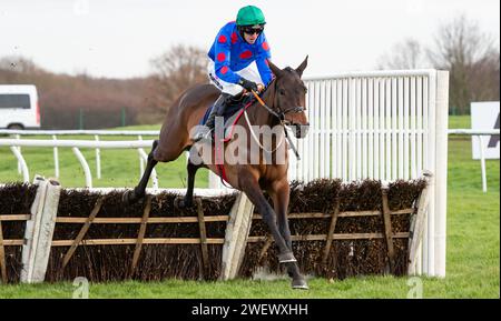 Doncaster Racecourse, Royaume-Uni, samedi 27 janvier 2024 ; Wodhooh et le jockey Mark Walsh remportent le SBK Filliess' Juvenile Hurdle (listé) pour l'entraîneur Gordon Elliott et les propriétaires du Sundowners Partnership. Crédit JTW Equine Images / Alamy Live News Banque D'Images